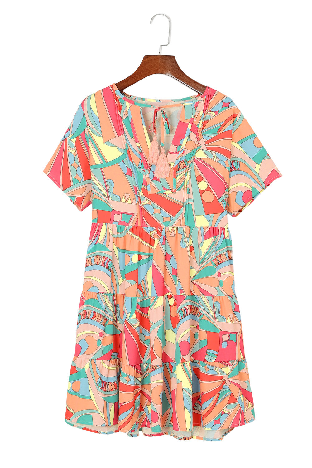 Abstract Geometric Print Tassel Tie Flared Dress