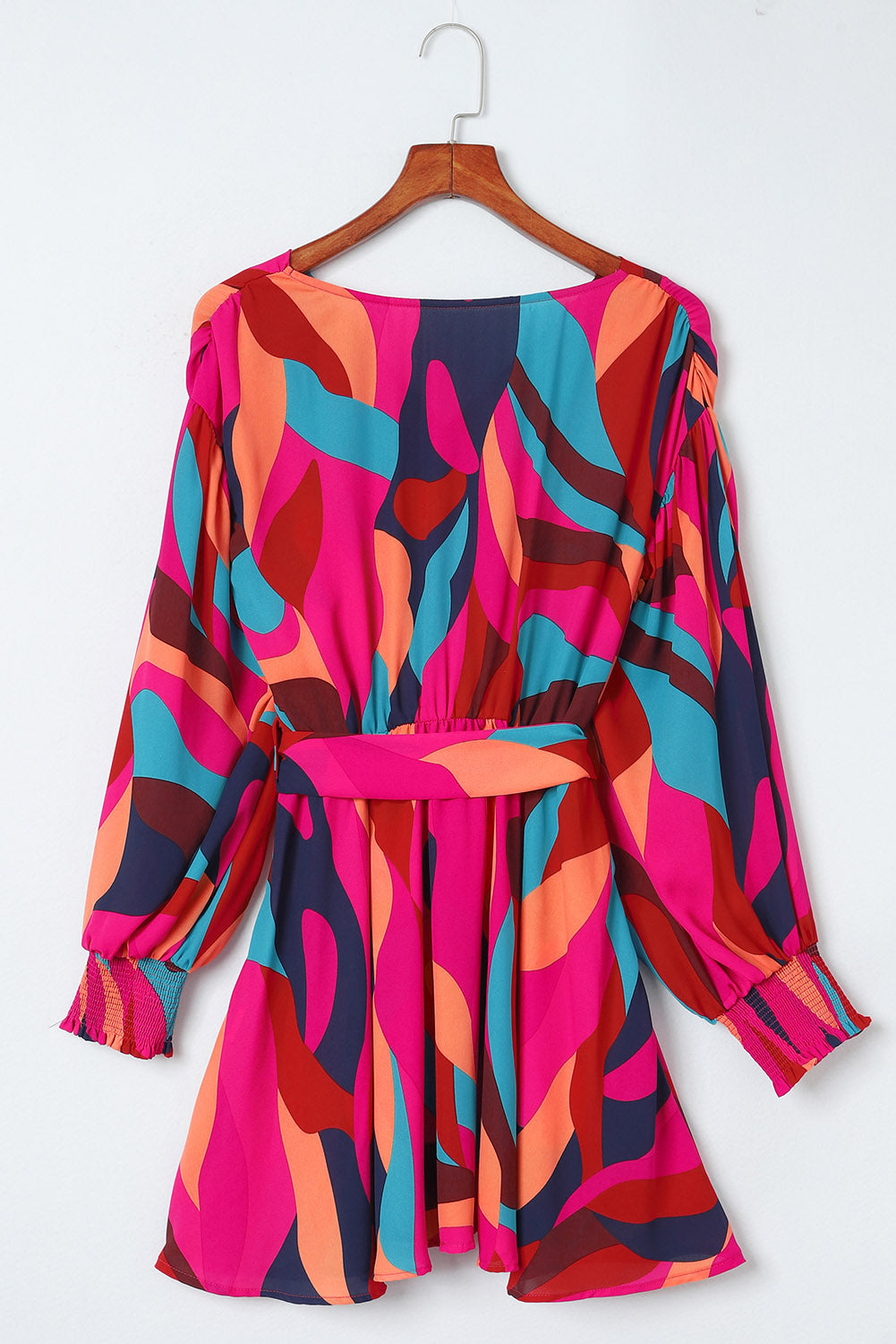 Abstract Printed Belted Puff Sleeve Mini Dress