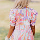 Pink Abstract Print Bubble Sleeve Smock Detail Blouse