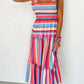 Red Stripe Ruffled Straps Smocked Tiered Long Dress