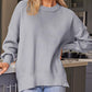 Slit Round Neck Dropped Shoulder Sweater