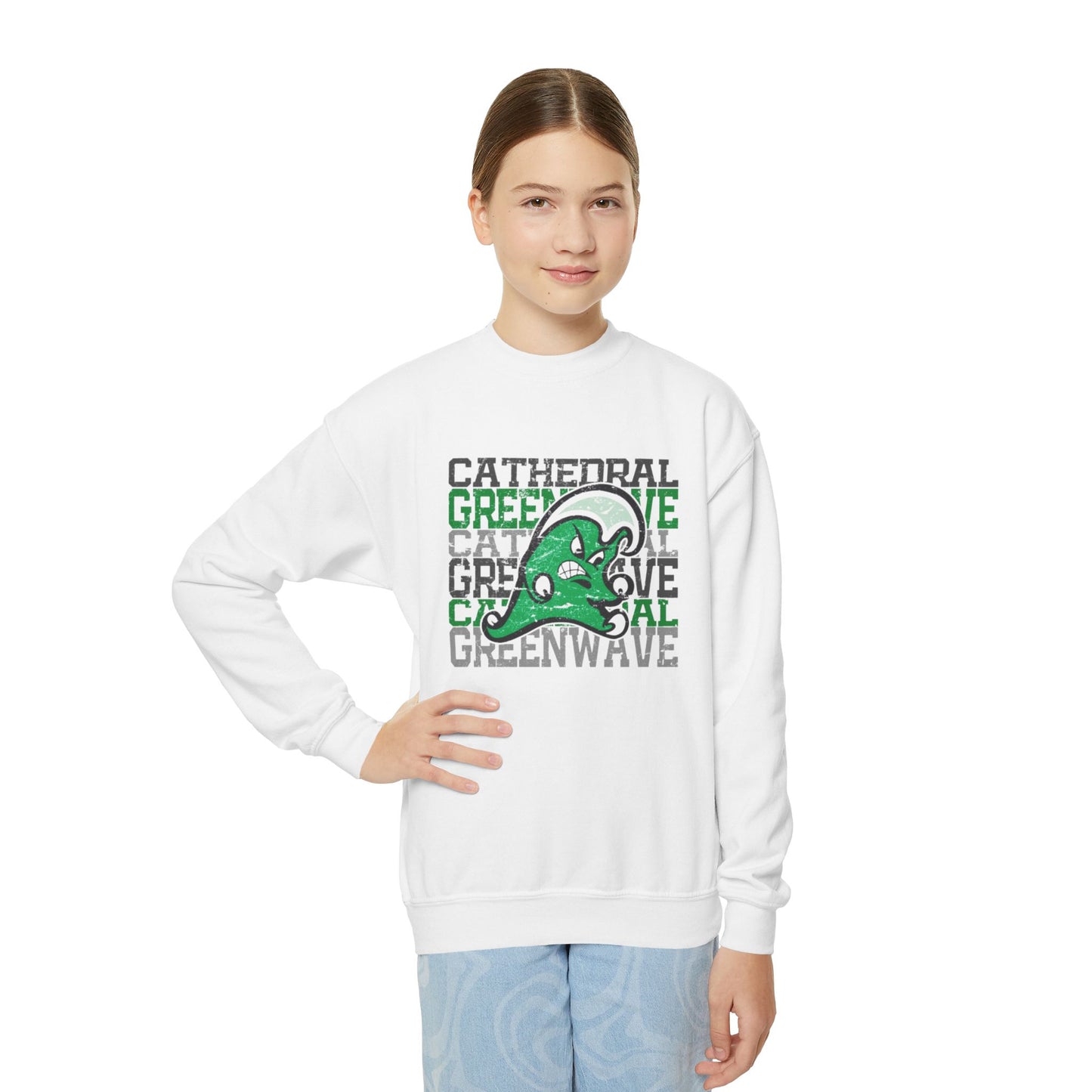 Cathedral GreenWave Stack w/ Mascot - Gildan Youth Sweatshirt