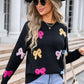 Bow Graphic Round Neck Long Sleeve Sweater