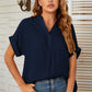 Notched Neck Slit Cuffed Blouse