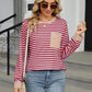 Pocketed Striped Round Neck Long Sleeve T-Shirt