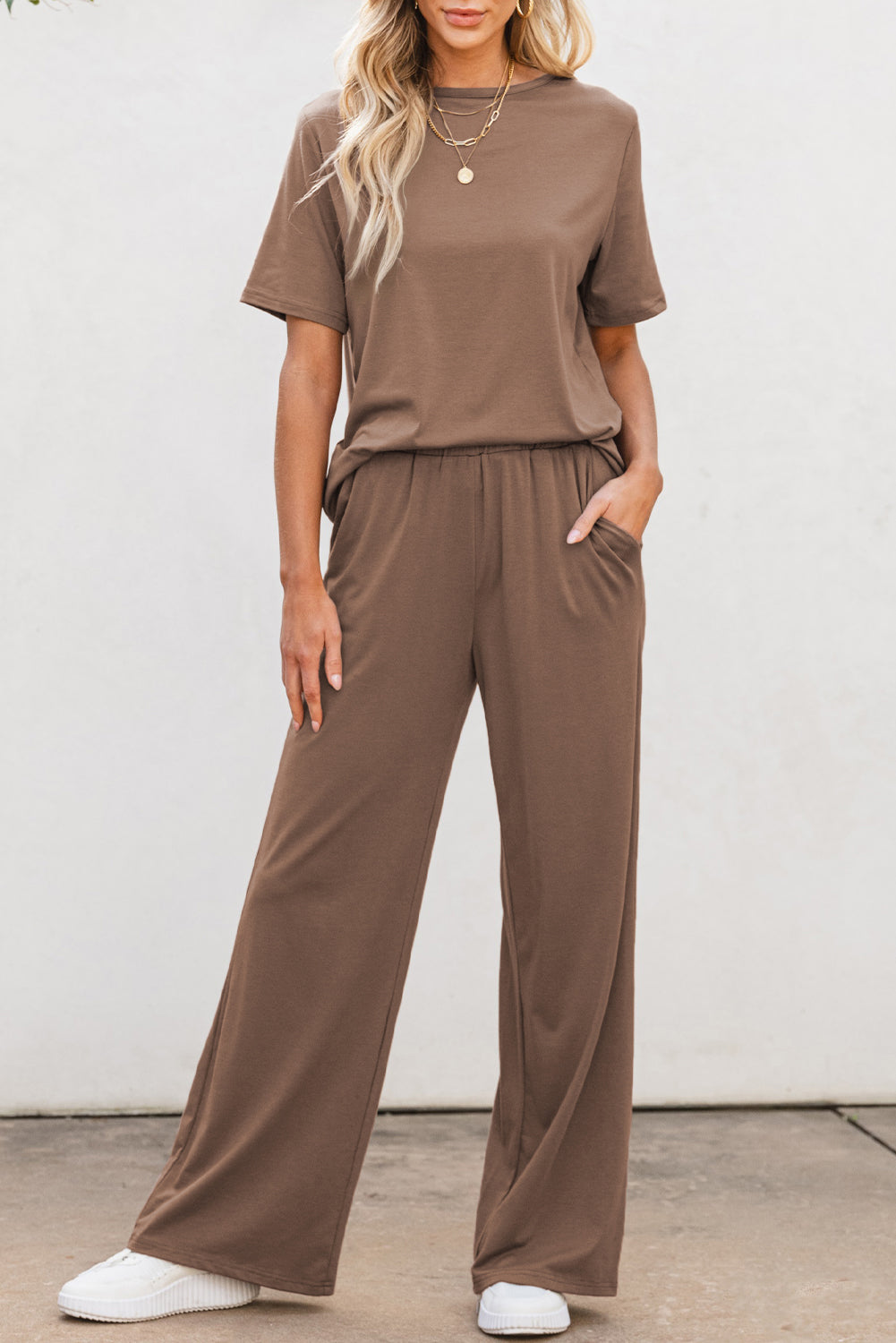 Solid Color T Shirt 2pcs Wide Leg Pants Set