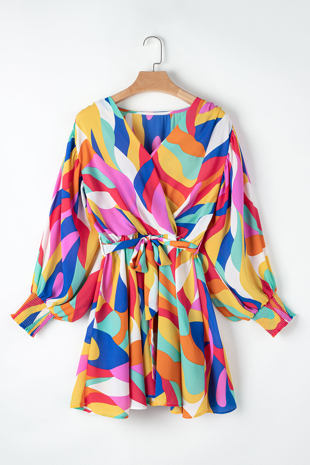 Abstract Printed Belted Puff Sleeve Mini Dress