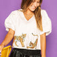 White Sequined Tiger V Neck Puff Sleeve Blouse