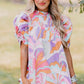 Pink Abstract Print Bubble Sleeve Smock Detail Blouse