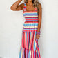 Red Stripe Ruffled Straps Smocked Tiered Long Dress