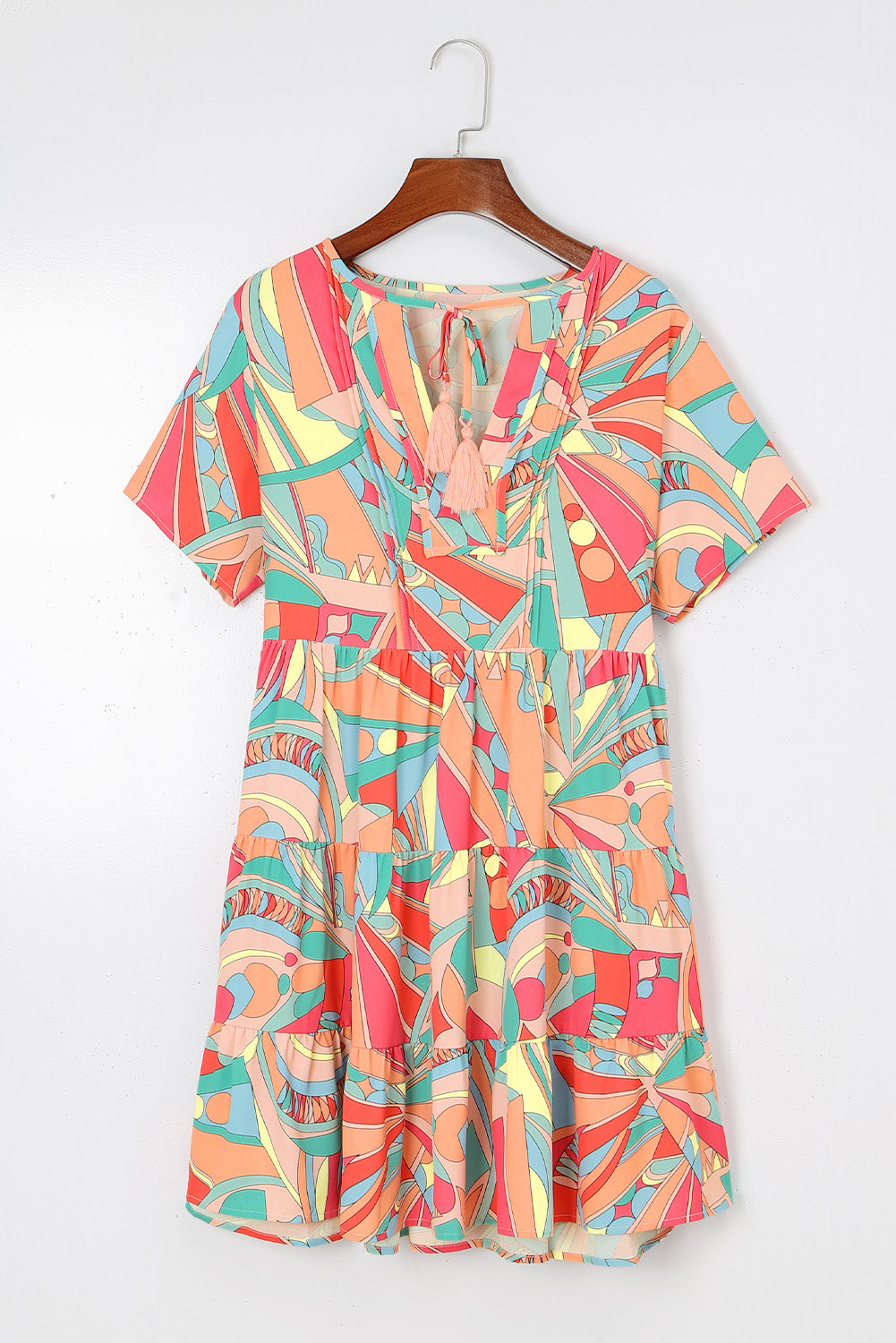 Abstract Geometric Print Tassel Tie Flared Dress