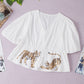 White Sequined Tiger V Neck Puff Sleeve Blouse