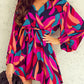 Abstract Printed Belted Puff Sleeve Mini Dress