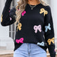 Bow Graphic Round Neck Long Sleeve Sweater