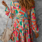 Multicolor Geometric Print Split Neck Ruffle Tiered Mini Dress