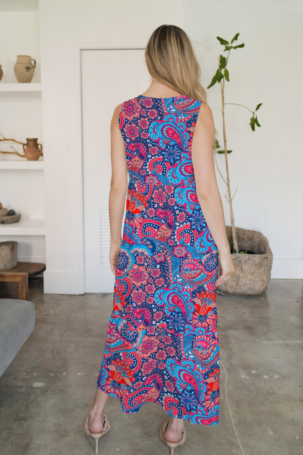 Tiered Printed V-Neck Sleeveless Dress