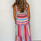 Red Stripe Ruffled Straps Smocked Tiered Long Dress