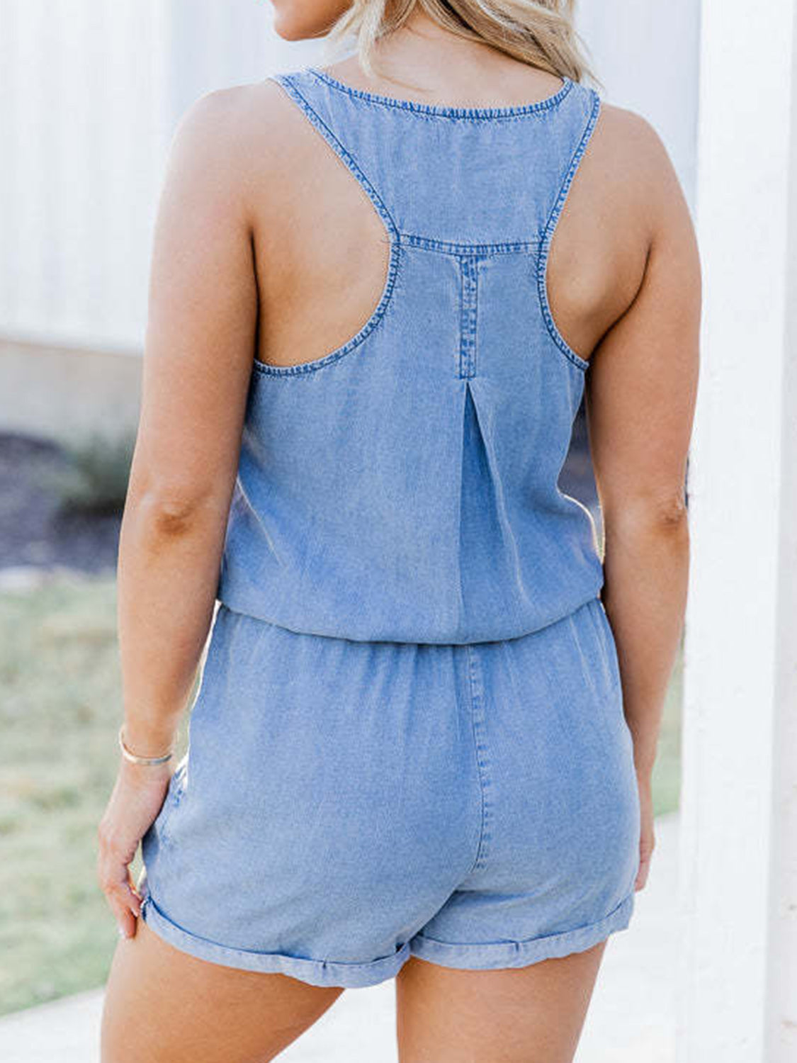 Pocketed Half Button Sleeveless Denim Romper