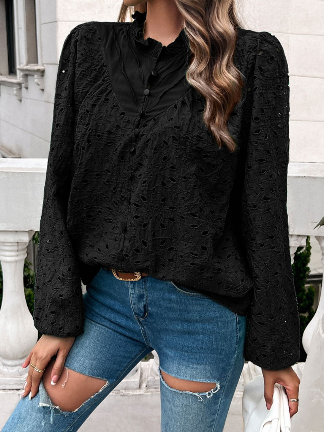 Frill Round Neck Long Sleeve Shirt