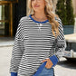 Slit Striped Round Neck Long Sleeve Sweatshirt