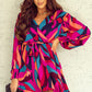 Abstract Printed Belted Puff Sleeve Mini Dress