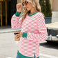 Slit Striped Round Neck Long Sleeve Sweatshirt