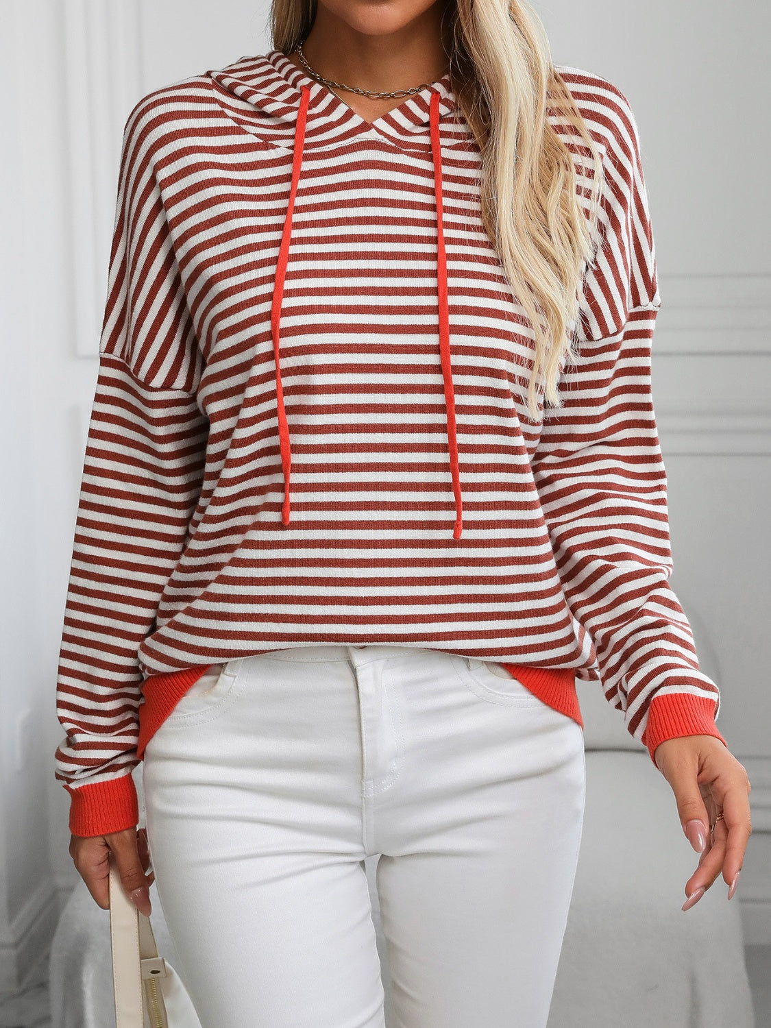 Striped Long Sleeve Hooded Knit Top