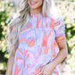 Pink Abstract Print Bubble Sleeve Smock Detail Blouse