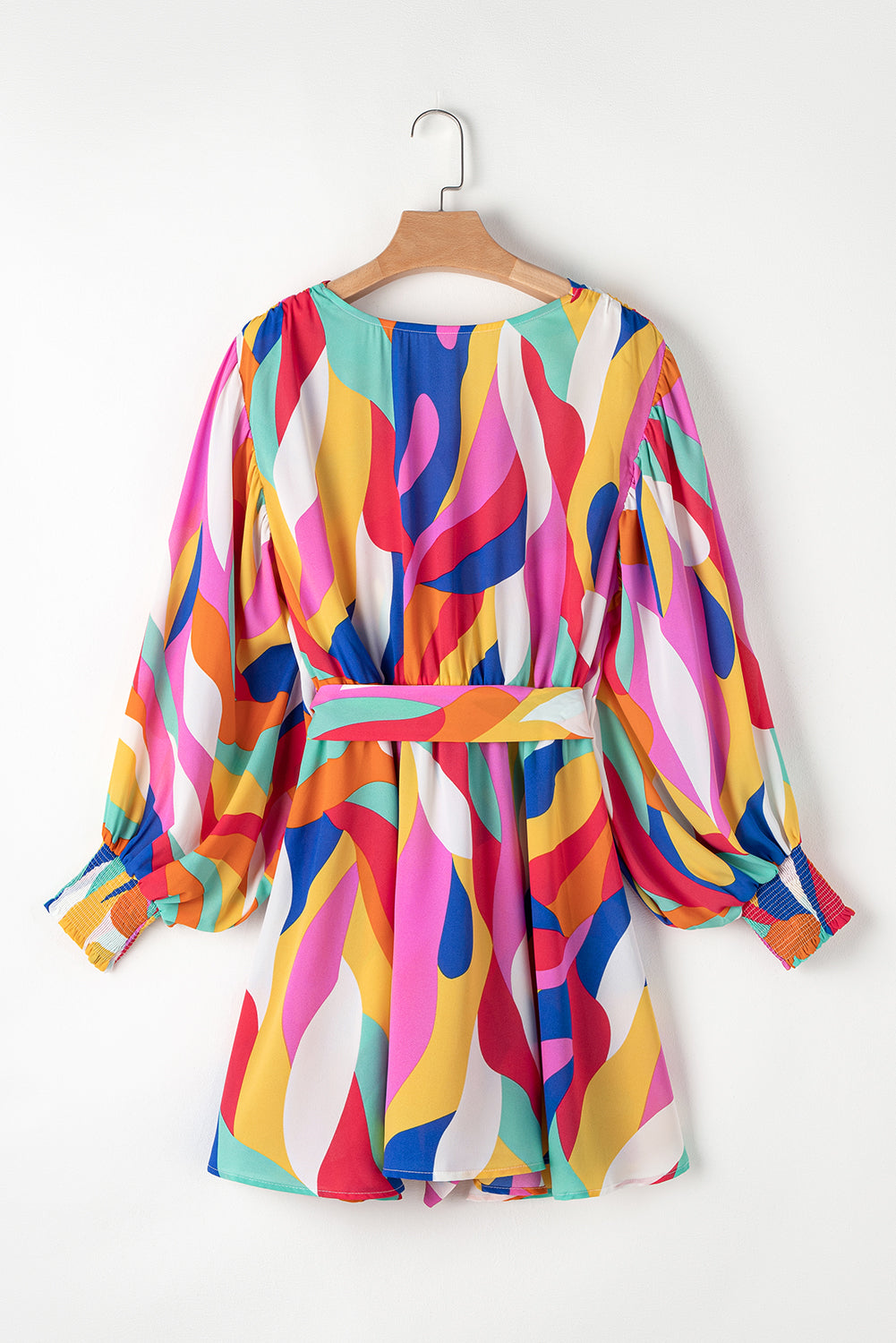 Abstract Printed Belted Puff Sleeve Mini Dress