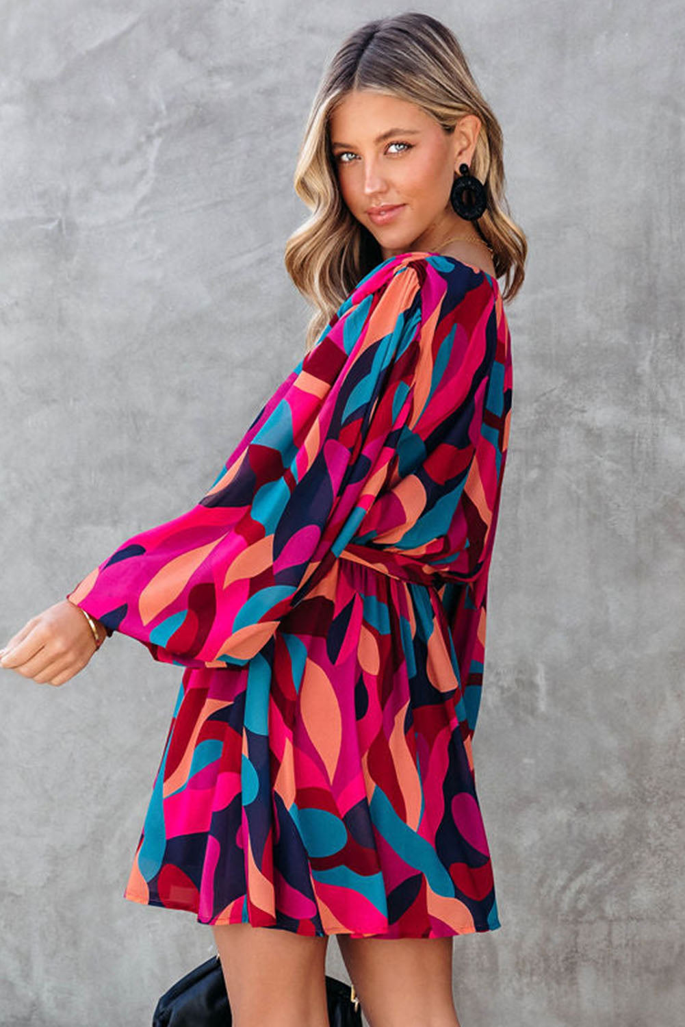 Abstract Printed Belted Puff Sleeve Mini Dress