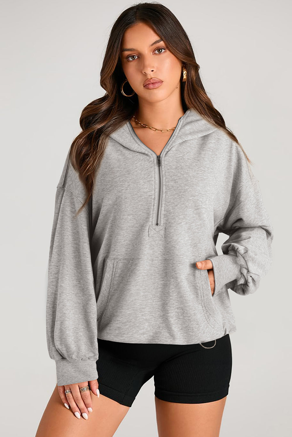 Pocketed Half Zip Long Sleeve Hoodie