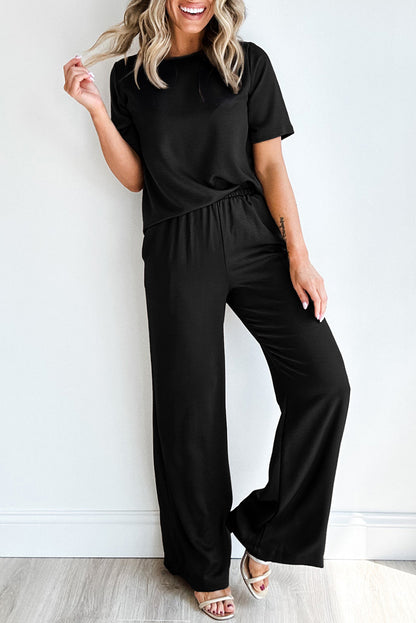 Solid Color T Shirt 2pcs Wide Leg Pants Set