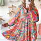 Multicolor Geometric Print Split Neck Ruffle Tiered Mini Dress