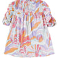 Pink Abstract Print Bubble Sleeve Smock Detail Blouse