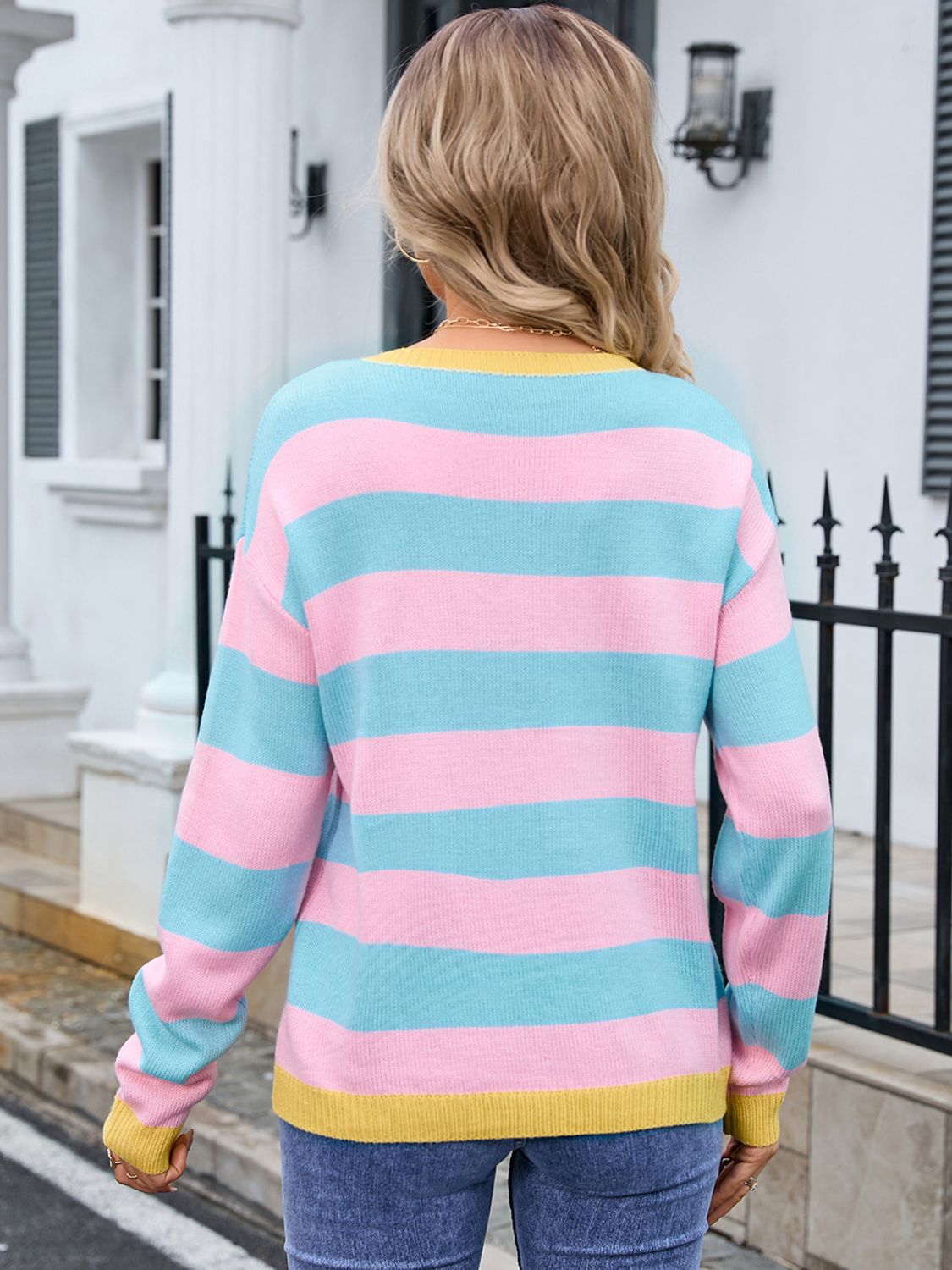 Striped Round Neck Dropped Shoulder Sweater