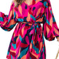 Abstract Printed Belted Puff Sleeve Mini Dress