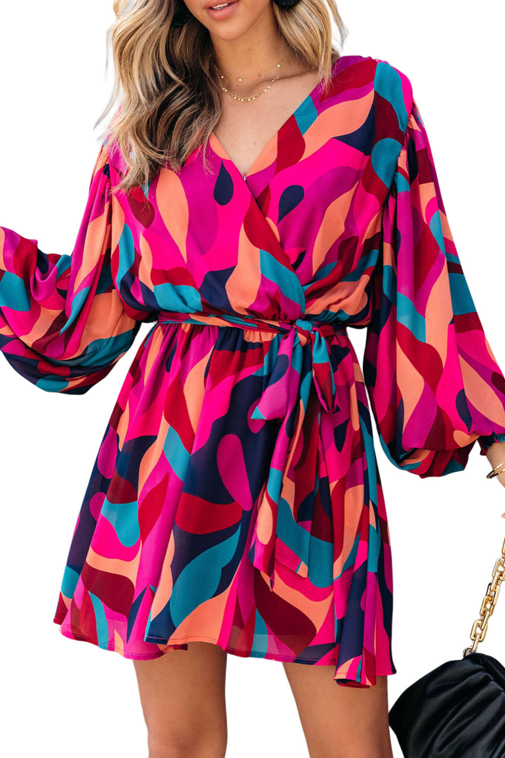 Abstract Printed Belted Puff Sleeve Mini Dress