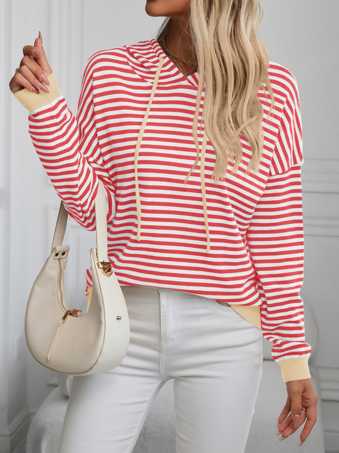 Striped Long Sleeve Hooded Knit Top