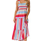 Red Stripe Ruffled Straps Smocked Tiered Long Dress