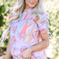 Pink Abstract Print Bubble Sleeve Smock Detail Blouse