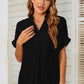 Notched Neck Slit Cuffed Blouse