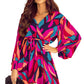 Abstract Printed Belted Puff Sleeve Mini Dress