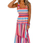 Red Stripe Ruffled Straps Smocked Tiered Long Dress