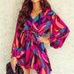 Abstract Printed Belted Puff Sleeve Mini Dress