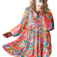 Multicolor Geometric Print Split Neck Ruffle Tiered Mini Dress