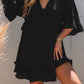 Black Ruffled 3/4 Sleeve V Neck Babydoll Mini Dress