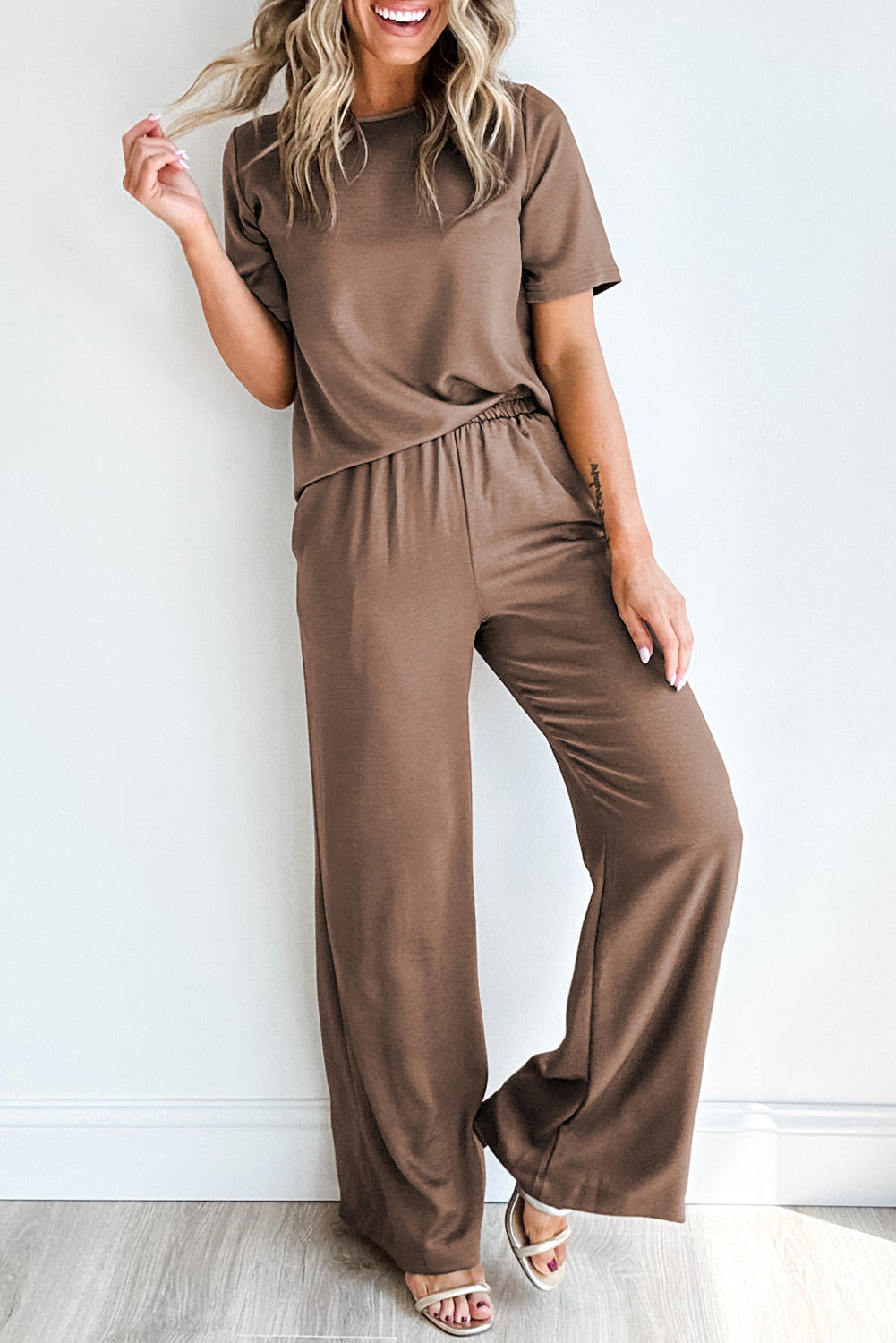 Solid Color T Shirt 2pcs Wide Leg Pants Set