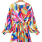 Abstract Printed Belted Puff Sleeve Mini Dress