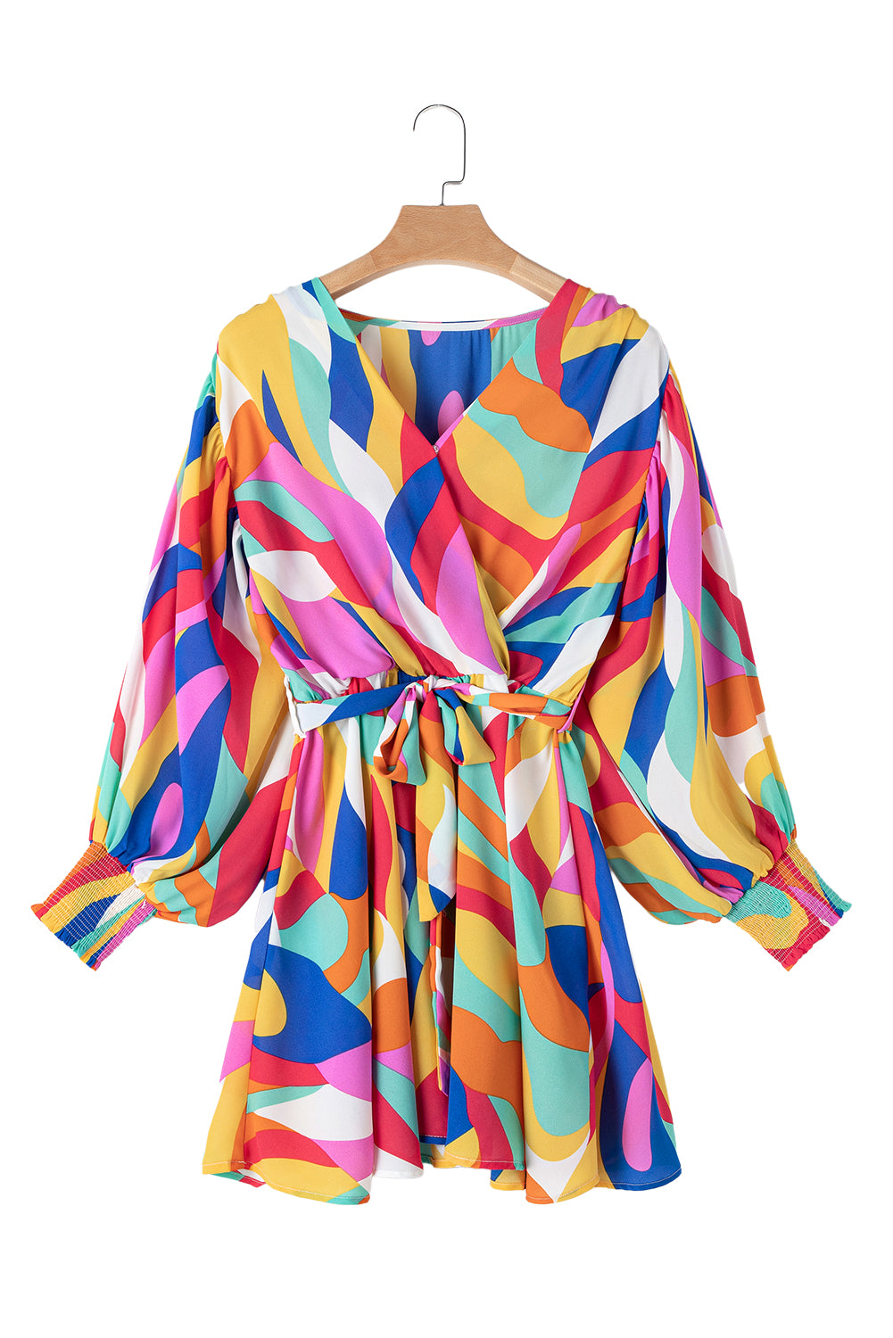 Abstract Printed Belted Puff Sleeve Mini Dress