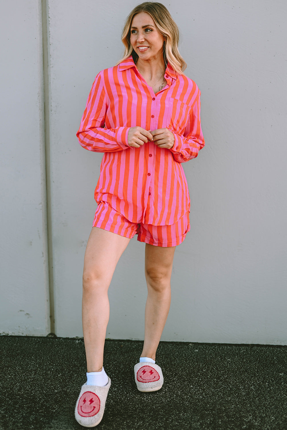 Orange Striped Print Collared Neck Shirt and Shorts Set